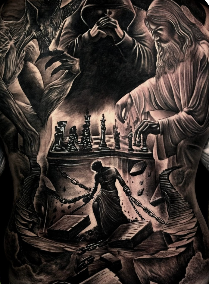 Black and gray full back tattoo composition with symbolic chess and dramatic figures