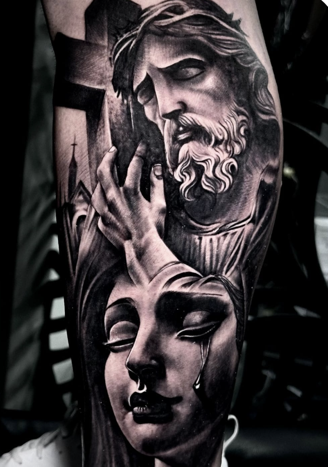 Black and gray realism religious tattoo featuring Jesus and an expressive portrait